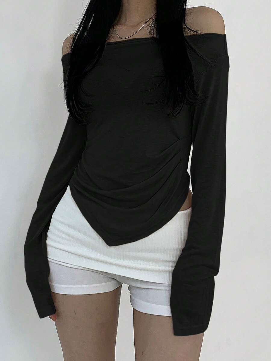 DAZY Camiseta casual de manga larga con hombros descubiertos de unicolor para mujer, ropa de mujer de otoño Y2K