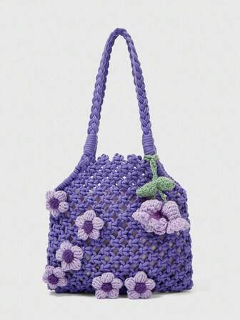 Fairycore 1pc Handmade Crochet Floral Decor Purple Tote Bag, Versatile Hand Carry Bag Suitable For Back To School & Daily Use