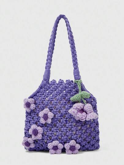 Fairycore 1pc Handmade Crochet Floral Decor Purple Tote Bag, Versatile Hand Carry Bag Suitable For Back To School & Daily Use