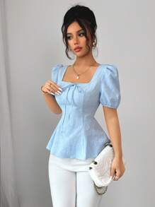 Elenzga New Women's Fashion Versatile French Bowknot Up High-End Puff Sleeve Unique Elegant Jacquard Fabric Shirt