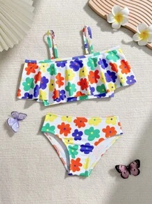 2 pezzi/Set Costume da bagno alla moda con stampa floreale carino per ragazze giovani