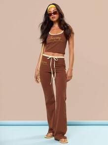 MUSERA Kontrast Saum Neckholder Passform Kurzes "Toskana" Grafik Muster Crop Top Nur Sommerurlaub Feiertag Festival Süß Lässig Elegant Toskana Sonne Grafik Top Flughafen Frühling - Kaffeebraun - Übersicht 5