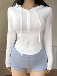 DAZY Summer New Slim Fit Sports Zipper Cardigan Women's T-Shirt Long Sleeve - White - View 5