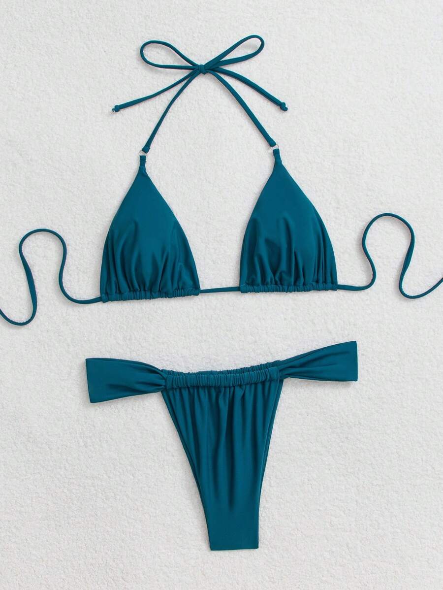 SHEIN Swim 女式简约纯色系带露背比基尼泳装，海滩度假风格夏季 - 水鴨藍 - 查看 1