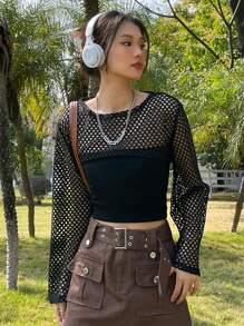 DAZY Solid Hollow Out Crop Top Festival Sheer Long Sleeve Women Tops