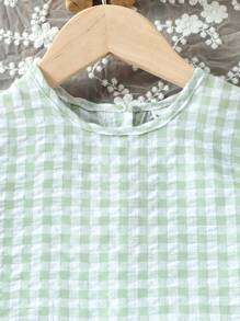 Girls (Small Size) Summer Elegant Lady T-Shirt Set, Green Plaid Sleeveless Top & Long Pants, Soft Casual Daily Wear Girls Gingham Outfit Girls Checkered Outfit Toddler Girl Gingham Set Mint Green Outfits For Kids Girls Two Piece Outfit Green Fall Winter