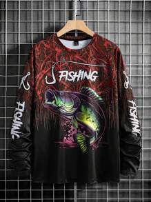 Manfinity Homme Men's Long Sleeve Casual Fishing Shirt - 3D Fish Print, Round Neck, Polyester, Black & Blue Gradient, Ideal For Outdoor Activities, Fishing Accessory Fishing Shirts Fishing Hoodie Men Fishing Shirt Long Sleeve Fishing Shirt Graphic Fishing Shirt.A Great Gift For A Boyfriend Or Husband.