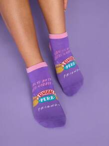 FRIENDS X SHEIN 4 pares de calcetines casuales para mujer suaves, transpirables y que absorben la humedad - Calcetines cortos coloridos y de moda, reforzados en el dedo del pie y el talón para mayor durabilidad, todo a juego para todas las estaciones