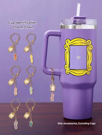 FRIENDS X SHEIN Conjunto de 6 peças/1 peça de placas de identificação de copos de liga de zinco da moda, acessórios para alças de copos, correntes com pingentes personalizados, adequados para copos com alça, garrafas de água, chaveiros, escritório, casa, festa de aniversário