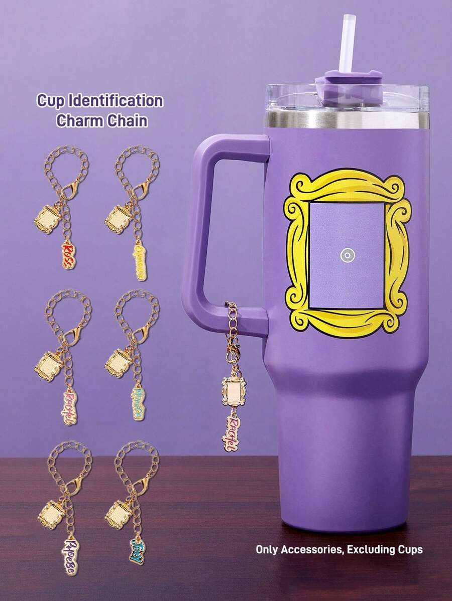 FRIENDS X SHEIN 6 Stücke/1 Stück Set modische Namensplaketten aus Zinklegierung, Tassen-Griff Zubehör mit personalisierten Anhängerketten, geeignet für Tassen mit Griffen, Wasserflaschen, Schlüsselanhänger, Büro, Zuhause, Geburtstagsparty