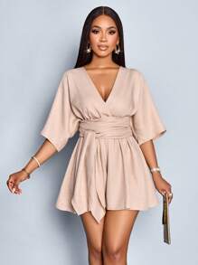 SOLERSUN 女式优雅深 V 领束腰系带蝙蝠袖褶饰腰部连体裤，适合度假和日常穿着 - 杏色 - 查看 4