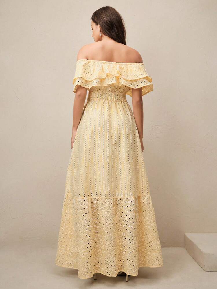 Light Yellow Hollow Out Romantic Women's Strapless Dress, Summer Maxi Women Outfit