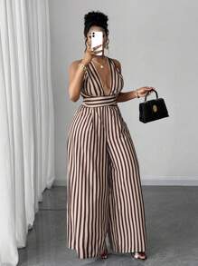 Bộ đồ liền thân ống rộng hở lưng kẻ sọc gợi cảm cho nữ cỡ lớn - Cà phê nâu - Xem 1