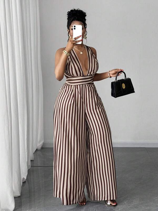 Maweii Plus Size Women Striped Sexy Halter Backless Wide Leg Bowknot Jumpsuit