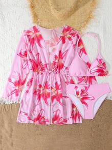 Teen Girls' 3 Pieces Bikini Sets 2025 New Floral Print Pink Casual Vacation Style, Fashion Elegant Ladies Swimwear Suitable For Swimming, Beach, Pool, Photography, Gifts