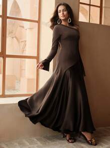 Anewsta 高端针织和梭织拼布性感修身高腰斜肩长袖连衣裙（咖啡色）