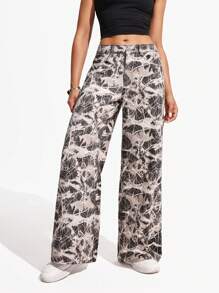 Jeanoix 女式宽松口袋印花阔腿休闲牛仔裤 - 灰色 - 查看 5