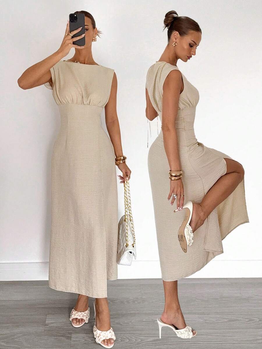 Siren Gaze Summer Fashion Simple Versatile Linen Waist Long Dress, Casual Commuting High Slit Sleeveless Long Dress, Office Wear, Holiday Long Dress - Apricot - View 1