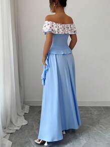 Elenzga 2pcs/Set Ditsy Floral Off-Shoulder Ruffle Shirt & Maxi Skirt - Multicolor - View 2
