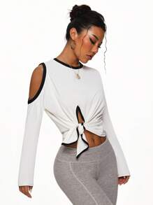 Easithlete Camiseta activa de manga larga con cuello de canalé y hombros recortados para mujer - Blanco y Negro - Ver 1