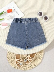 Tween Girls Y2K Style Vintage Light Wash Distressed Denim Shorts With Five-Pointed Star Embroidery, Loose Fit, Soft And Comfortable Fabric, Fashionable And Versatile Casual Streetwear For Girls