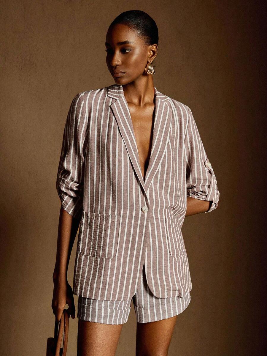 Écloséra 法式复古简约休闲通勤舒适亚麻条纹女士西装外套，翻领单排扣卷袖 - 摩卡棕 - 查看 1