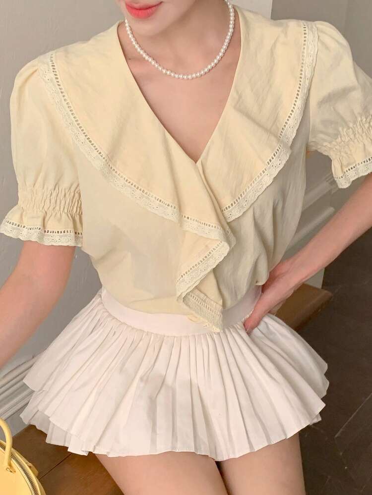 Women Casual Daily Simple Solid Color Ruffle Short Sleeve Blouse