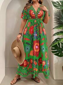 SHEIN Clasi Plus Size Tropical Holiday Abstract Art Print Cross V-Neck Belted Ruffle Hem A-Line Sundress - Green - View 3