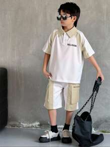 Bộ 2 áo thun tay ngắn cổ polo in chữ màu Vigor cho bé trai mới biết đi và quần short rộng rãi, trang phục thường ngày cho hàng ngày, thể thao, trường học, tiệc tùng - Nhiều màu - Xem 1