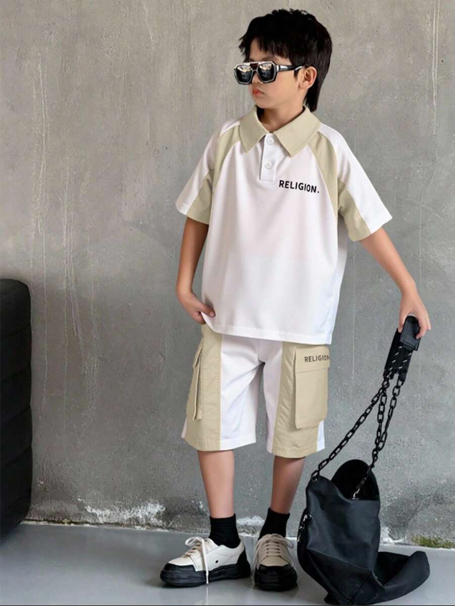Bộ 2 áo thun tay ngắn cổ polo in chữ màu Vigor cho bé trai mới biết đi và quần short rộng rãi, trang phục thường ngày cho hàng ngày, thể thao, trường học, tiệc tùng - Nhiều màu - Xem 1