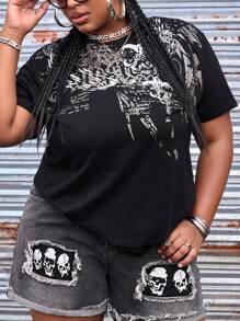 ROMWE Street Life T-shirt court manches courtes imprimé mode grande taille, été - Noir - Voir 4