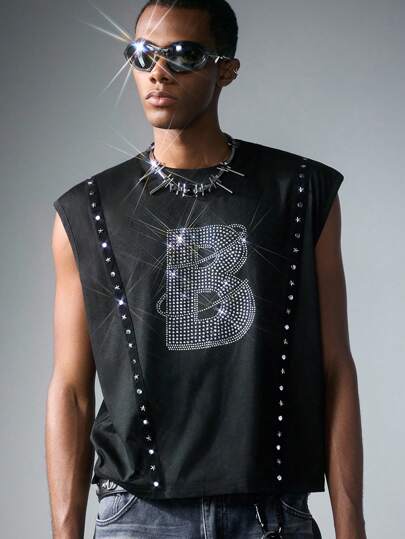 ROMWE Avant Men's Street Life  Rhinestone Letter Print Rivet Sleeveless Loose Tank Top, Summer