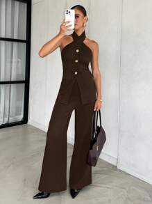 Lavishia Sophisticated Gold Rose Buckle Black Halter Top + Flare Pants 2 Pieces Set, Suitable For Daily Commute - Chocolate Brown - View 4