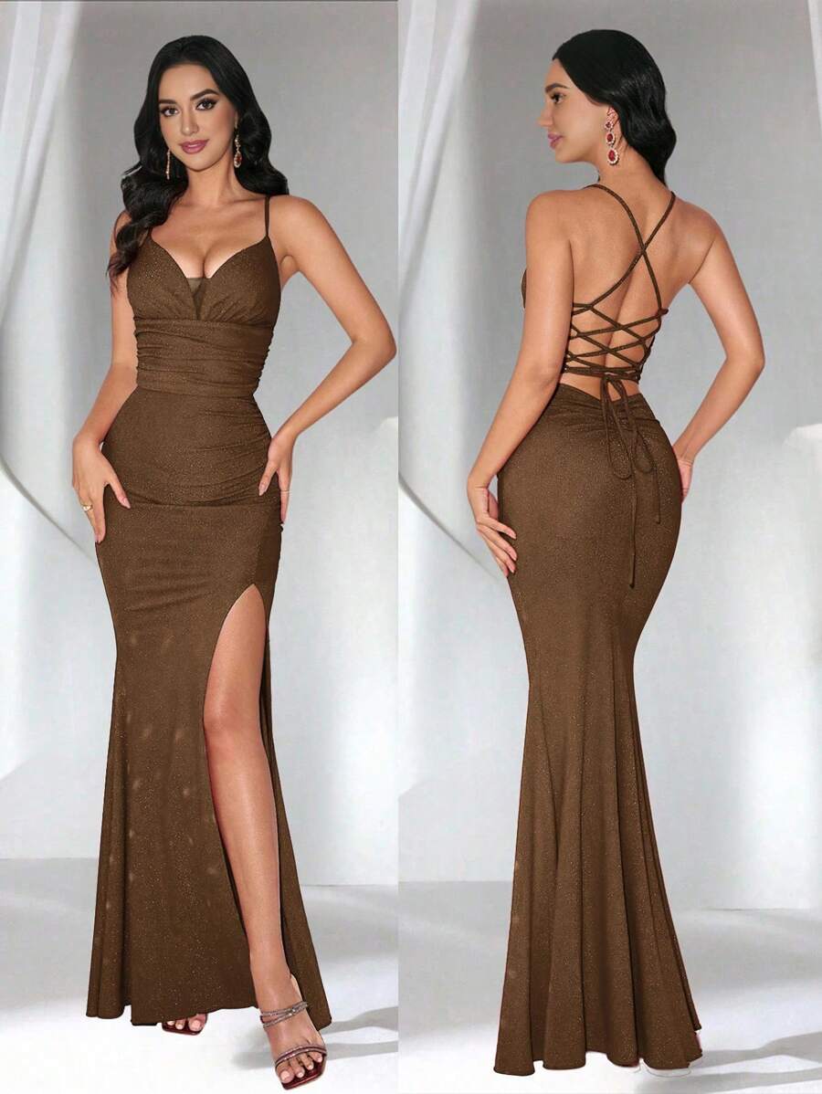 Coutiva Women's Sexy Spaghetti Strap Backless Criss-Cross Slit Formal Evening Gown - Brown - View 1