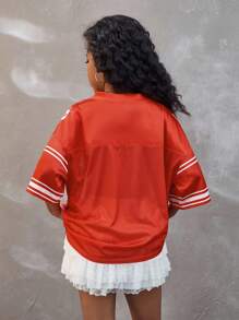 Coolane Kids 青少年女孩春夏节日街头服饰复古透气网眼数字图案棒球服红色球衣 - 酒紅色 - 查看 4