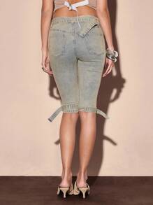 MUSERA Belted Denim Capri Pants Summer Vacation Y2k 90's Streetstyle Cool Girl Festival Holiday Rave Ibiza Western Concert Fall Autumn Winter Nashville