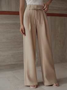 MOTF PREMIUM PANTALONES ACAMPANADOS CON PLIEGUES Y CINTURÓN - Caqui - Ver 5