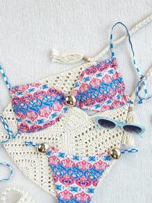 SHEIN 2 pezzi/set Nuovo costume da bagno bikini con nodo laterale a taglio alto e stampa floreale multicolore, per vacanze al mare
