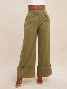 NYA SZN Pantalon taille haute avec détail de revers plissé, tenue de bureau, tenue d'affaires, décontracté, jambe droite et large, pour enseignante, rentrée scolaire, automne/été, couleur kaki olive, pour femmes
