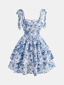 SHEIN Girlism Tween Girl Blue Spaghetti Strap Bow Cute & Elegant Ruched ...