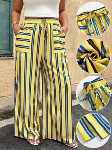 Flirla 女式大码条纹印花裤，随机印花 - 黃色 - 查看 8