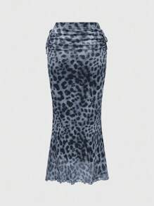 ROMWE J-Fashion Women Leopard Print Pleated Side Tie Waist Fishtail Hem Fashion Skirt
