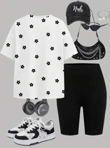 SHEIN Conjunto de 2 piezas para adolescentes con camiseta holgada de manga corta y estampado floral minimalista en blanco y negro, y leggings, apropiado para el verano