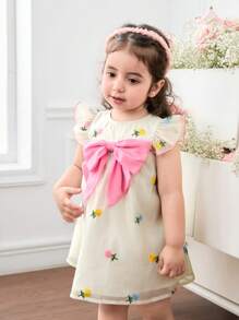 SHEIN Baby Girl Woven Solid Color Embroidery Ruffle Hem Dress - Pink - View 6