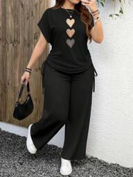 EMERY ROSE Set de 2 piezas talla grande con estampado de corazón texturizado y estampado de leopardo, conjunto cómodo y casual adecuado para el verano