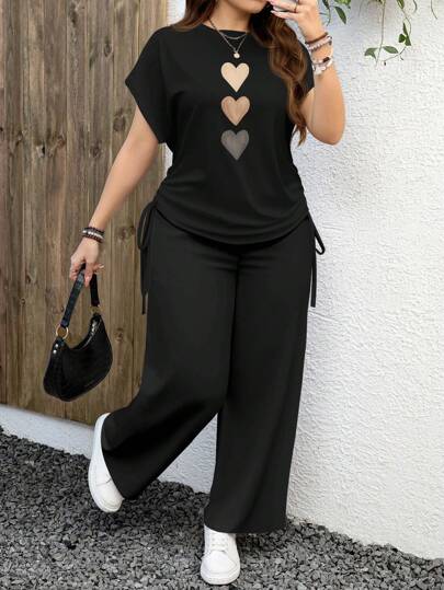 EMERY ROSE Set de 2 piezas talla grande con estampado de corazón texturizado y estampado de leopardo, conjunto cómodo y casual adecuado para el verano