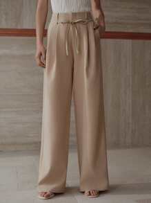 MOTF PREMIUM PANTALONES ACAMPANADOS CON PLIEGUES Y CINTURÓN - Caqui - Ver 4