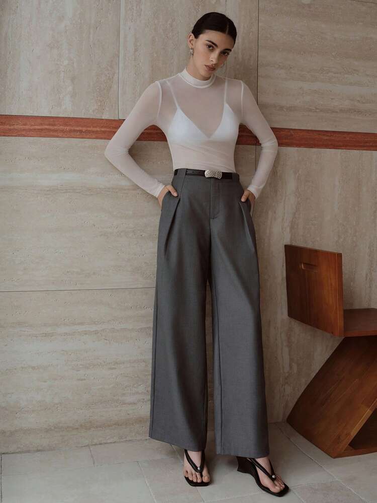 SOLID FOLD PLEATED WIDE LEG PANTS WITH BELT