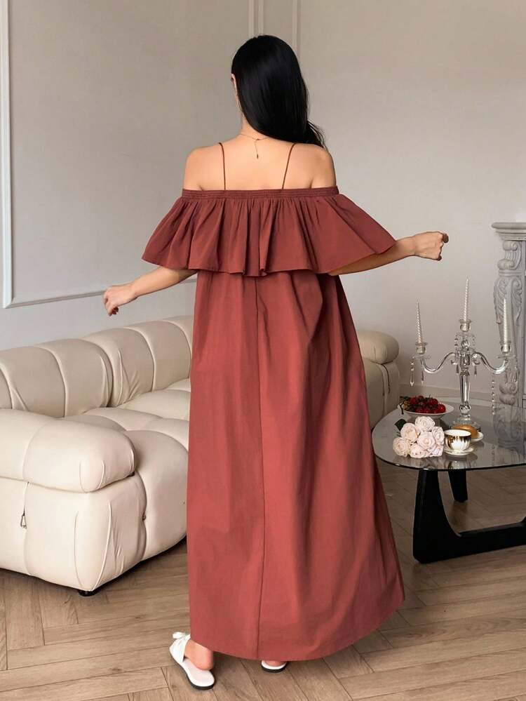 Simple Ruffled Off Shoulder Camisole Sleepwear Dress For Women, Moo Moo Lounge Dress Pajama