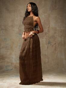 MISSGUIDED Conjunto coordinado bohemio con top halter fruncido y pantalones de pierna ancha para playa, vacaciones y uso en resort en verano - Marrón Chocolate - Ver 5